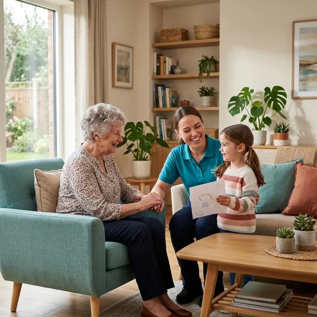 Compassionate care worker with a senior and youth in a warm home environment